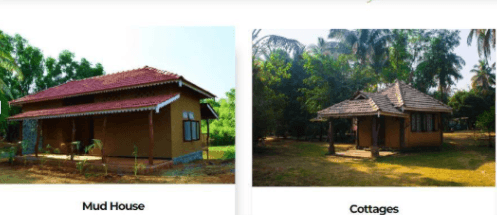 Traditional mud house and eco-friendly cottage surrounded by trees and greenery